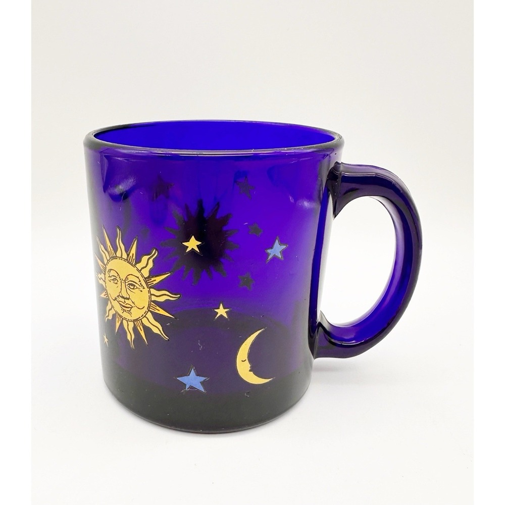 Vintage 90's Libbey Cobalt Blue Celestial Sun & Moon Mug FRIENDS USA Excel Cond - Picture 2 of 7